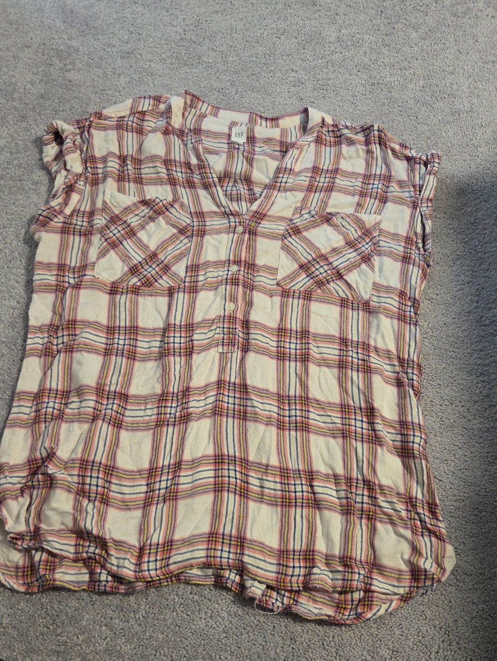 GAP Cream Plaid Short-Sleeve Button Front Top